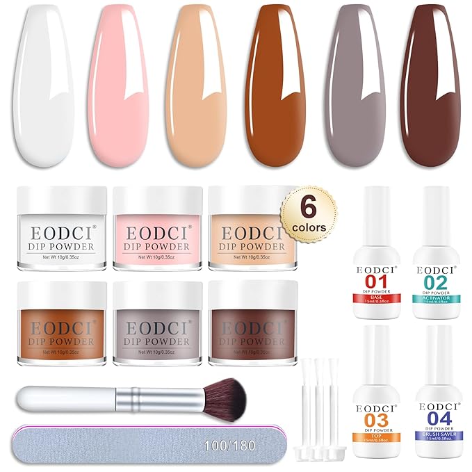 12 Pcs Dip Powder Nail Kit Starter Quick Drying, 6 Colors Nude Brown Grey Mocha Dipping Powder Kit With Base & Top Coat/Activator/Brush Saver No Needed Nail Lamp Curing