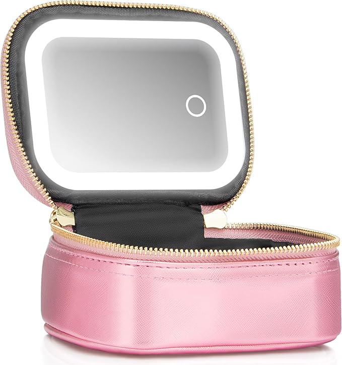 Small Makeup Bag Travel Train Case with Mirror and Light Mini Travel Make up for Women Train Case Cosmetic Organizer 3 Adjustable Brightness Toiletry Bag Portable Artist Storage