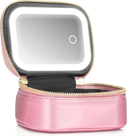 Small Makeup Bag Travel Train Case with Mirror and Light Mini Travel Make up for Women Train Case Cosmetic Organizer 3 Adjustable Brightness Toiletry Bag Portable Artist Storage