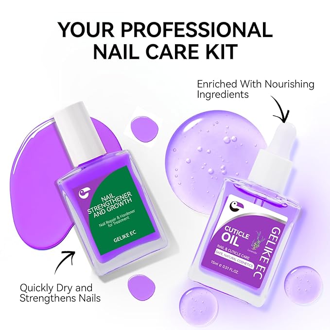 Gelike EC Nail Kit for Beginners: Purple Easy-Use Nail Polish Growth Treatment & Lavender Oil for Thin Weak Nails - for Stress Relief - Repair Split Nails - Spa & Night Care Routine