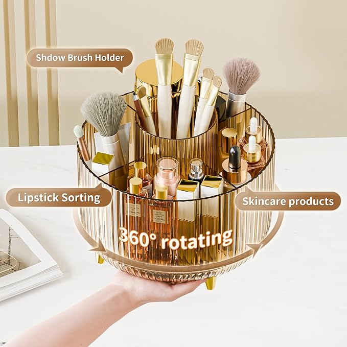 360° Rotate Makeup Brush Holder Organizer, Makeup Organizers Countertop, Makeup organization and Skincare Storage for Vanity, Desktop, Bathroom (Clear Amber)