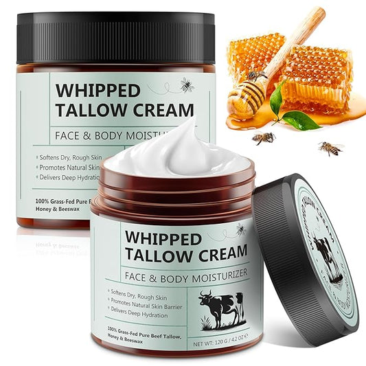 Beef Tallow for Skin, 2pcs Organic Beef Tallow Moisturizer, Grass Fed Beef Tallow for Face and Body with Honey Beeswax, Deeply Moisturizing Unscented Fast Absorption 4.2oz