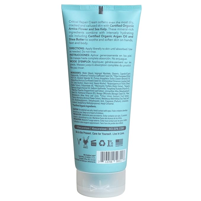BCL Spa Critical Repair Cream with Organic Arnica Flower + Sea Kelp, intensely hydrating Argan Oil + Shea Butter to soothe + soften skin. 7 Fl Oz