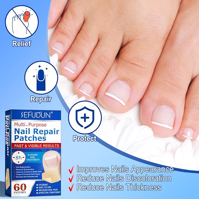 Muti-Purpose Nail Repair Patches, 60 pcs Overnight Nail Repair Treatment for Nail Discoloration & Cracked Nails, Restore Healthy Nail Appearance
