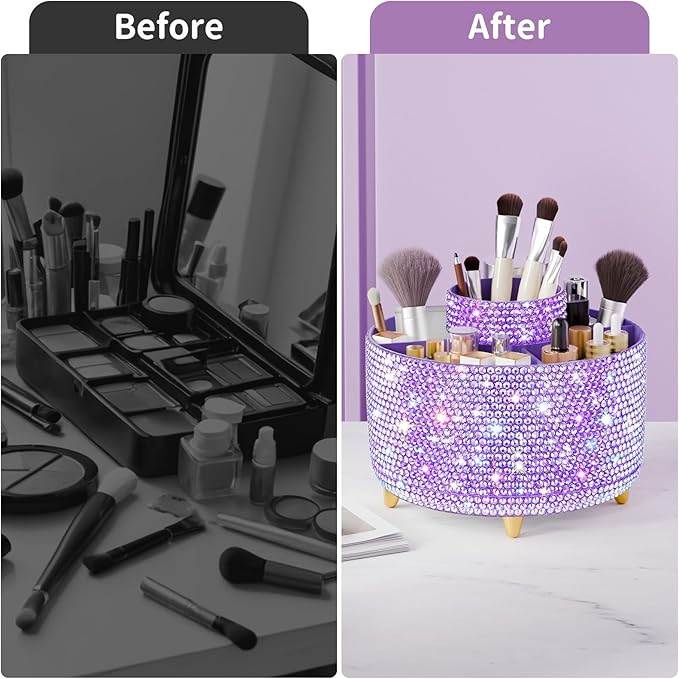Bling 360° Rotate Makeup Brush Holder Organizer, Makeup Organizers Countertop, Makeup organization and Skincare Storage for Vanity, Gift for Women Girls (Bling dz-Purple)