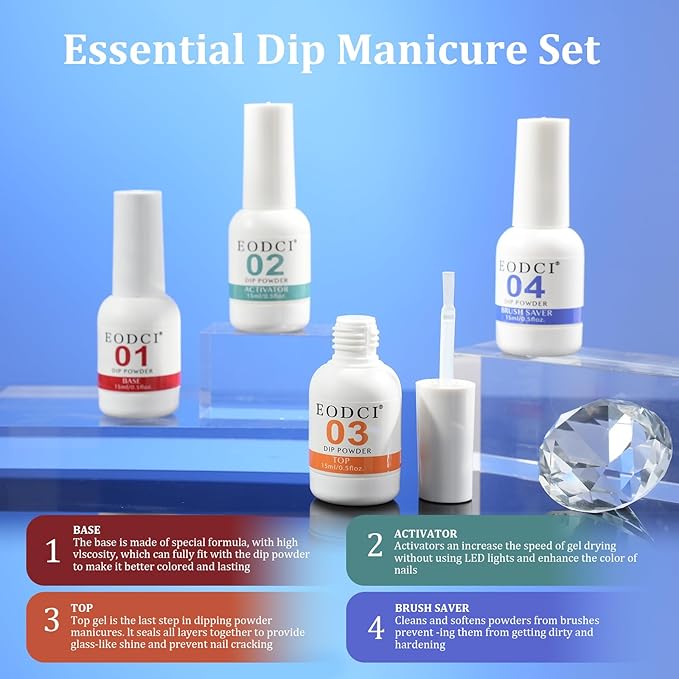 12 Pcs Dip Powder Nail Kit Starter, 6 Colors Glitter Blue Snow Dipping Powder Kit With Base & Top Coat/Activator/Brush Saver, Nail Art Manicure Salon DIY for Daily at Home Party Gifts for Women