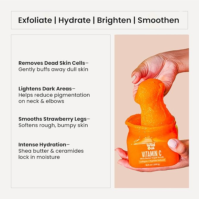 WildOak Vitamin C Shea Butter Sugar Body Scrub | With Collagen & Peptides | Tan Removal | Lightens Dark Area Like Neck & Elbows | Smoothen Bumpy Legs & Hands | Hydrating & Exfoliating Scrub | 10.58 oz