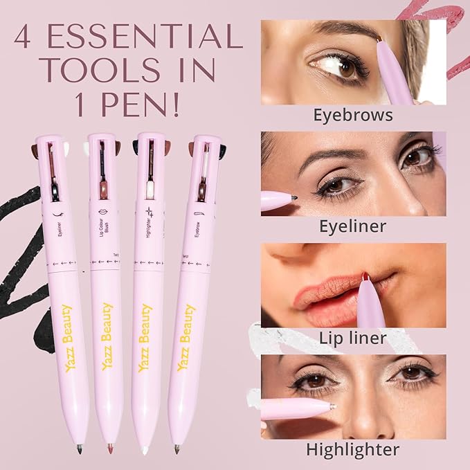 YazzBeauty - 4 in 1 Makeup Touch Up Pen with Berry Lip Liner, Black Eyeliner, Medium Brown Eyebrow Pencil, and White Shimmer Highlighter, Compact Beauty Pen, Smudge Proof, Vegan, Cruelty-Free
