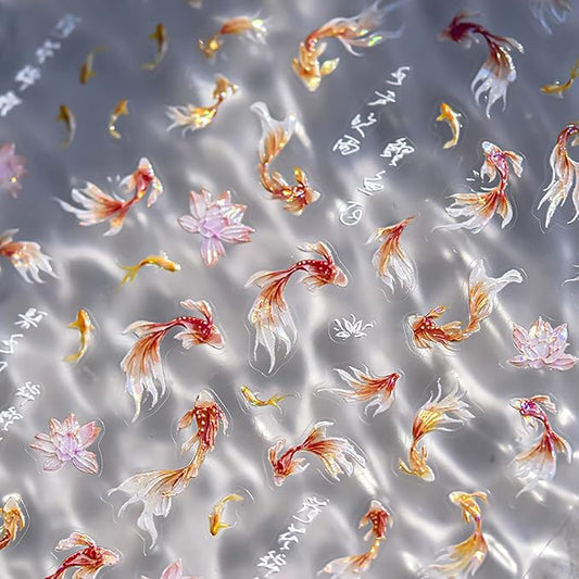1 Sheets 5D Goldfish Nail Stickers for Nail Art Self Adhesive Embossed Lotus Flower Nail Art Stickers Shell Light Koi Design Nail Decals Nails Supplies for Women Girl DIY Nail Decoration