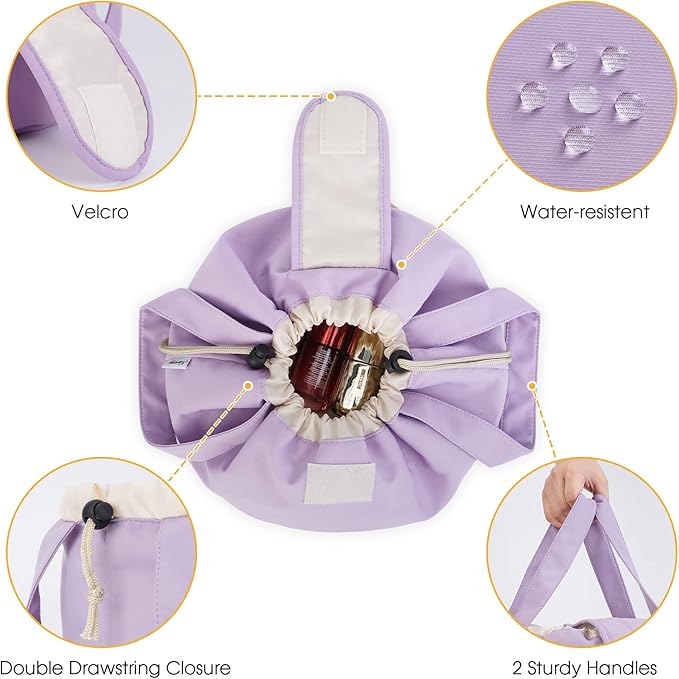 Narwey Barrel Drawstring Makeup Bag Large Cosmetic Bag Make up Bags Toiletry Bag Travel Bags for Toiletries Organizer for Women Gift for Teen Girls (Purple) (Patent)