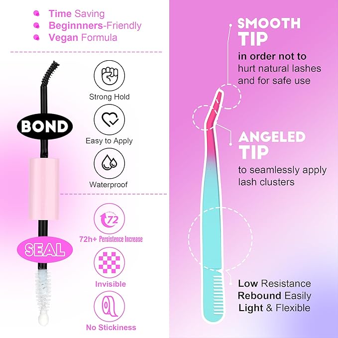 Pawotence Lash Extension Kit DIY 280pcs Individual Lash Clusters Kit 50D 9-16mm Cluster Eyelash Extensions Kit with Lash Bond and Seal, Lash Tweezers for Self Application (50D, 0.07D, 9-16mm, Kit)