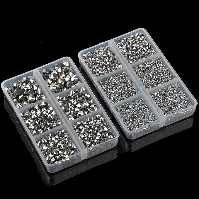 10000Pcs 2-Boxes Mixed Size Hot Fix Round Crystals Gems Glass Stones Hotfix Flat Back Rhinestones with Tweezers and Picking Pencil (Silver Flare)