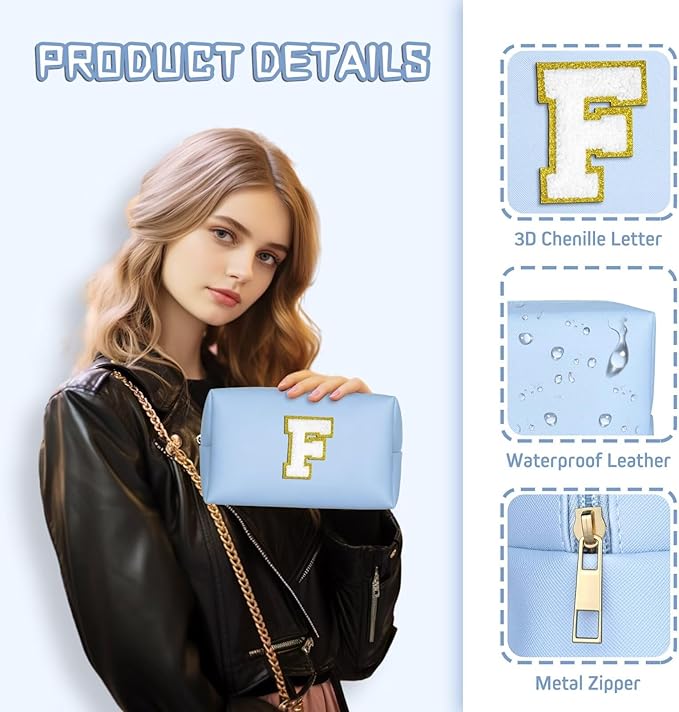 TOPEAST Cosmetic Travel Bags for Women, Preppy Small Makeup Bag, PU Leather Waterproof Toiletry Bag, Unique Friendship Gifts for Friends Coworker, Cute Stuff for Girls (Sky Blue R)