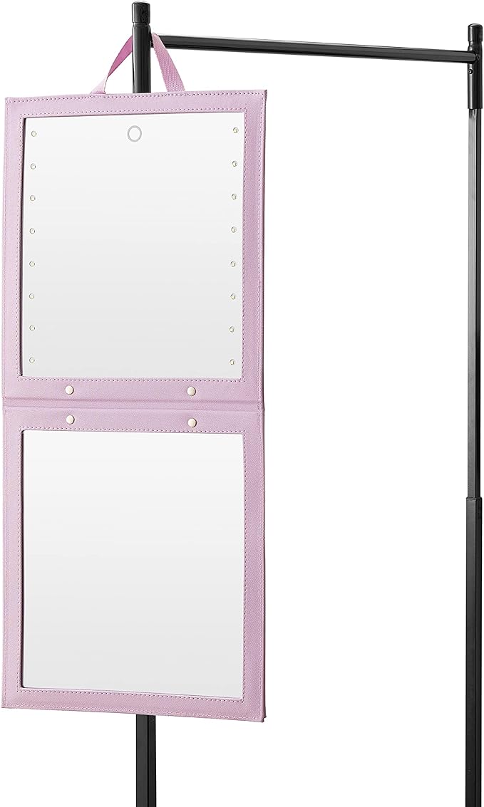 BRÜUN Backstage Hanging Mirror 25" x 11.4" Inches for Dance Bag with Dimmable LED Lights for Focused Glow – A Light-Violet Foldable Mirror for Dancers and Artists with Touch Sensitive Power Button