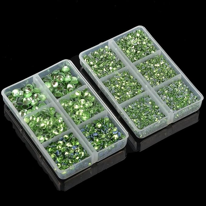 10000Pcs 2-Boxes Mixed Size Hot Fix Round Crystals Gems Glass Stones Hotfix Flat Back Rhinestones with Tweezers and Picking Pencil (Peridot)
