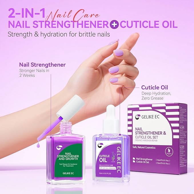 Gelike EC Nail Kit for Beginners: Purple Easy-Use Nail Polish Growth Treatment & Lavender Oil for Thin Weak Nails - for Stress Relief - Repair Split Nails - Spa & Night Care Routine