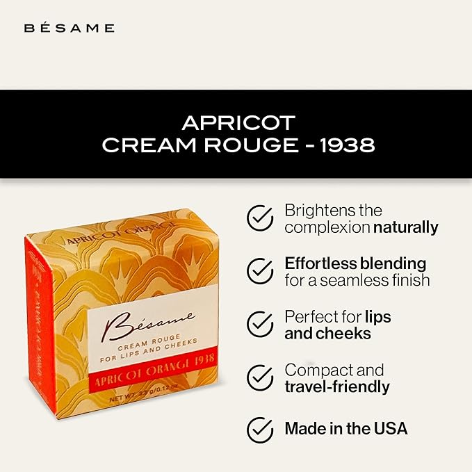 Besame Cosmetics | Apricot Cream Rouge - 1938 | Cream Blush for Cheeks + Lips with Long Wearing Matte Finish | Vintage Makeup in Reusable Tin | 2-in-1 Lip and Cheek Tint | Vegan Makeup Blush