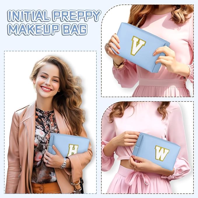 TOPEAST Cosmetic Travel Bags for Women, Preppy Small Makeup Bag, PU Leather Waterproof Toiletry Bag, Unique Friendship Gifts for Friends Coworker, Cute Stuff for Girls (Sky Blue R)