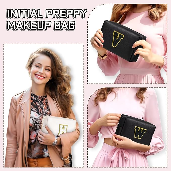 TOPEAST Preppy Bag, Monogrammed Makeup Bags with Zipper, Cute Makeup Pouch, Initial Birthday Gifts Bag for Daughter Friends Sister, Preppy Things for Girls (Black H)