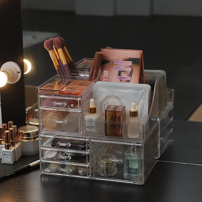 Cq acrylic 2 Pack Clear Makeup Storage Organizer,Stackable 6 Drawers Make Up Organizers,Cute Desk Organizer for Vanity Jewelry,Hair Clip,Beauty,Skincare Product Bathroom Counter Organizers and Storage