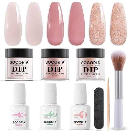Dip Powder Nail Kit Starter, Skin Color Red Bean Paste Glitter Dipping Powder Liquid Set with Base Top Coat and Activator for Nail Art Manicure Salon DIY 9 Pcs