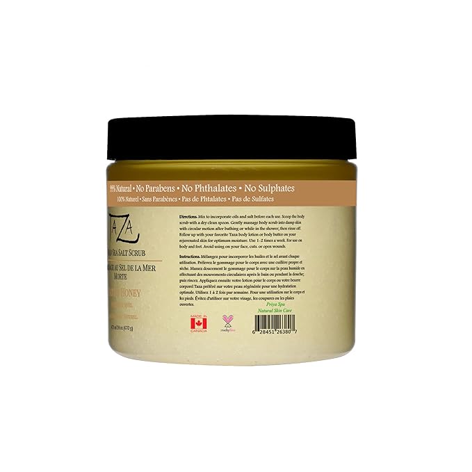 Premium Taza Oats and Honey Dead Sea Salt Scrub, 473 ml 24 oz (670 g) Exfoliates Your Skin Leaving it Soft and Hydrated Contains: Coconut Oil, Shea Butter, Grapeseed Oil, Sweet Almond Oil, 26 Minerals