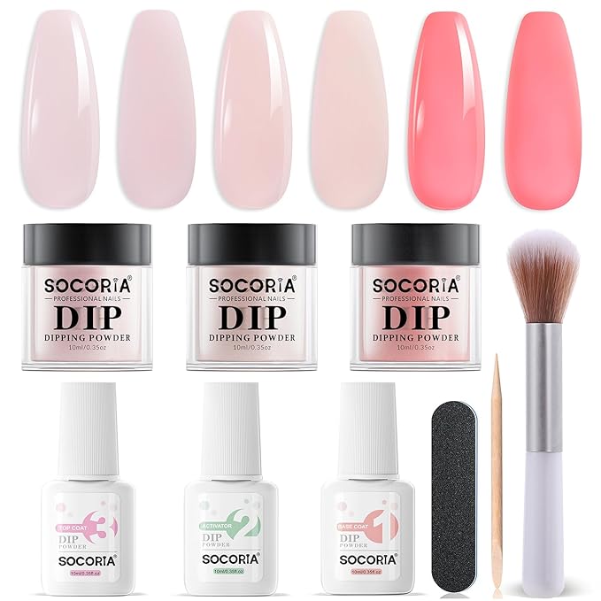 Dip Powder Nail Kit Starter, Light Red Light Purple Skin Color Dipping Powder Liquid Set All Seasons with Base Top Coat and Activator for Nail Art Manicure Salon DIY at Home 9 Pcs