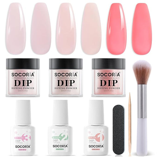Dip Powder Nail Kit Starter, Light Red Light Purple Skin Color Dipping Powder Liquid Set All Seasons with Base Top Coat and Activator for Nail Art Manicure Salon DIY at Home 9 Pcs