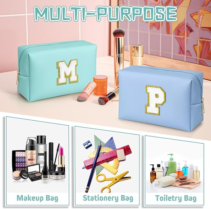 TOPEAST Cosmetic Travel Bags for Women, Preppy Small Makeup Bag, PU Leather Waterproof Toiletry Bag, Unique Friendship Gifts for Friends Coworker, Cute Stuff for Girls (Blue R)