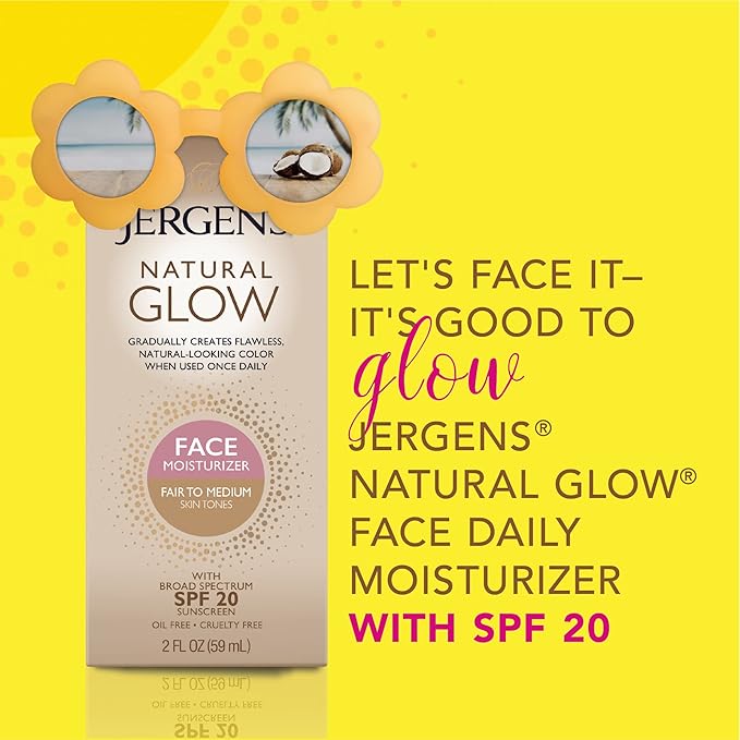 Jergens Natural Glow Face Self Tanner Lotion SPF 20, Sunless Tanning, Fair to Medium Skin Tone, Daily Facial Sunscreen, Oil-Free, Broad Spectrum UVA and UVB Protection, 2 Oz, Pack of 2