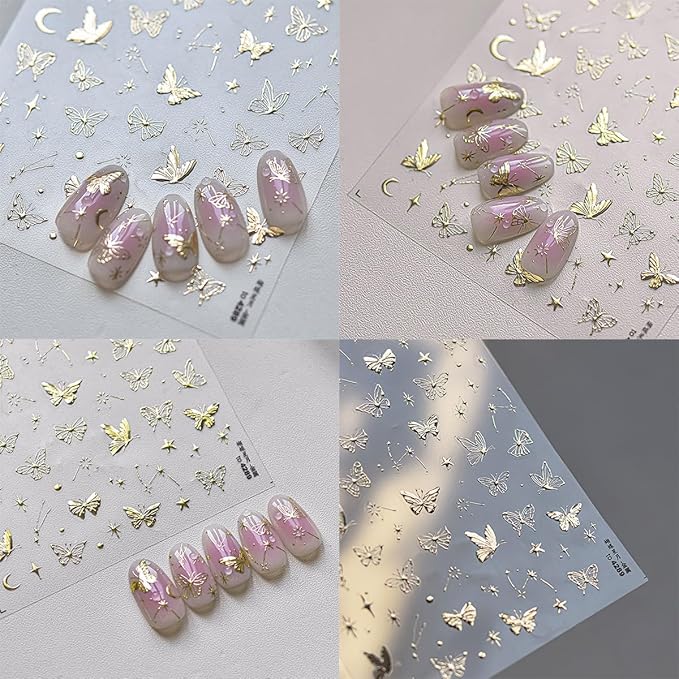 1 Sheets Gold Butterfly Nail Art Stickers 5D Self Adhesive Embossed Star Nail Stickers for Nail Art Gold Moon Stars Butterflies Nail Decals Nails Design Supplies for Women Girl DIY Manicure Decor