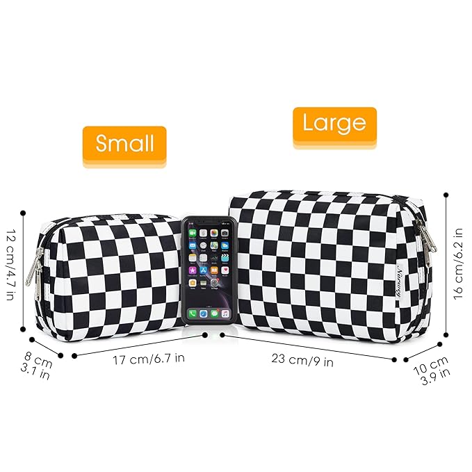 Narwey Small Checkered Makeup Bag for Purse Mini Cosmetic Bag Travel Makeup Pouch Zipper Pouch Cute Make up Bags with Compartments for Women Girls (Black Checkerboard, Small)