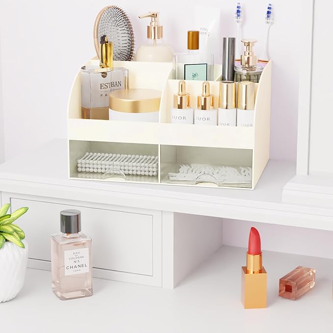 Makeup Organizer with Drawers, Cosmetic Storage for Dresser Vanity and Bathroom Countertop, Beauty Holder for Lipstick Brush, Skincare Organizer for Vanity, Cosmetic Display Case (Ivory)