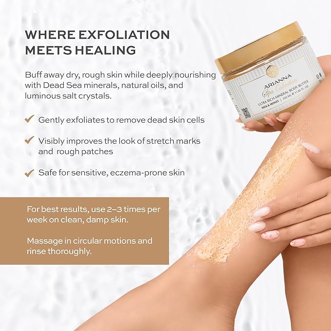 ARIANNA-SKINCARE Ultra Exfoliating Body Treatment Dead Sea Salt Body Scrub Natural Moisturizing and Exfoliating Scrub for Nourishing Essential Skin Care (Milk & Honey)