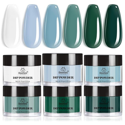 Beetles Dip Powder Nail Kit, 6 Colors White Bule Green Natural Nail Dip Powder Kit Starter Set French Nail Art Manicure Salon No Need Nail Lamp Cured Glossy Lake DIY Spring Summer Gifts for Women