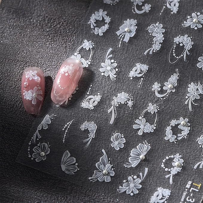 1 Sheets White Flower Nail Art Stickers Self Adhesive Bow Nail Stickers for Nail Art White Bows Floral Nail Decals with Pearl Design for Women Girl DIY Manicure Decor