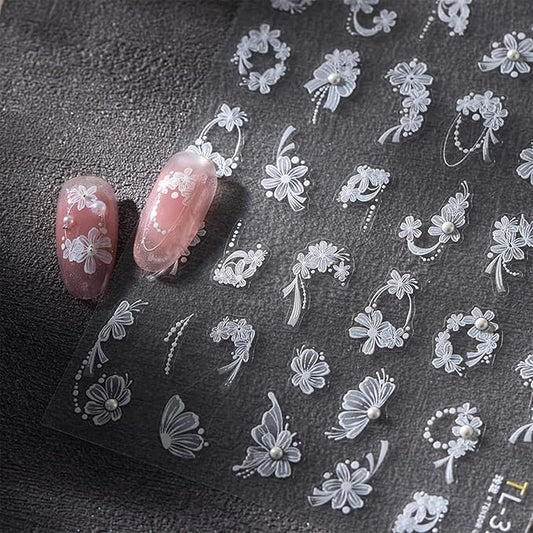 1 Sheets White Flower Nail Art Stickers Self Adhesive Bow Nail Stickers for Nail Art White Bows Floral Nail Decals with Pearl Design for Women Girl DIY Manicure Decor