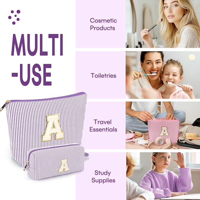 2 PCS Initial Makeup Bags for Women: Cosmetic Bag for Travel Toiletry - Birthday Gifts for 11 12 13 14 15 16 17 18 Years Old Girl Graduation Teacher Gift- Teen Girl Gifts Trendy Stuff - Purple D