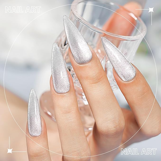 Silver Cat Eye Gel Polish, Magnetic Holographic Gel Nail Polish Glitter Shimmer Gel Polish with Magnet Soak Off U V Gel Salon DIY at Home, 0.5 OZ