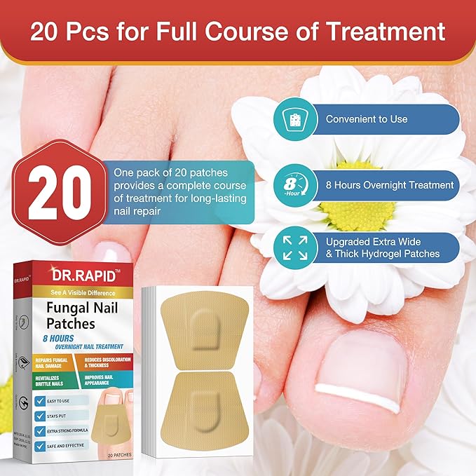 Toenail Fungus Treatment Extra Strength - 20 Hydrogel Patches for Overnight Nail Repair, 8-Hour Nighttime Fungal Nail Patches, Restores Healthy Appearance, Waterproof & Painless Relief