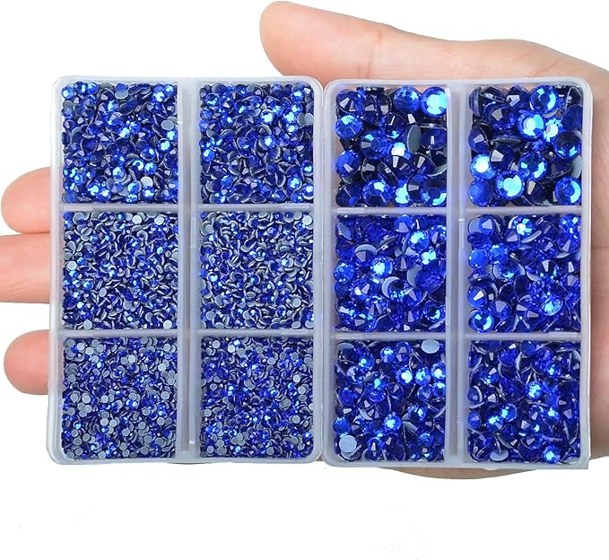 10000Pcs 2-Boxes Mixed Size Hot Fix Round Crystals Gems Glass Stones Hotfix Flat Back Rhinestones with Tweezers and Picking Pencil (Sapphire)