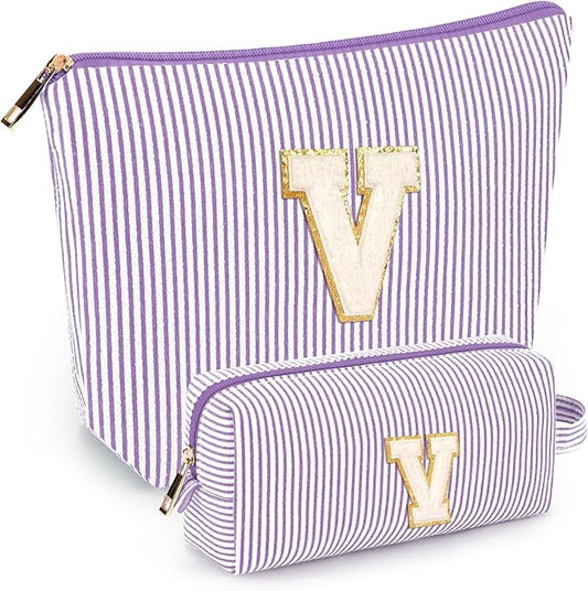 2 PCS Initial Makeup Bags for Women: Cosmetic Bag for Travel Toiletry - Birthday Gifts for 11 12 13 14 15 16 17 18 Years Old Girl Graduation Teacher Gift- Teen Girl Gifts Trendy Stuff - Purple V
