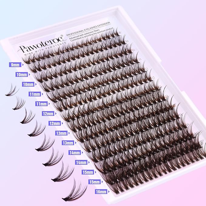 Pawotence Lash Extension Kit DIY 280pcs Brown Lash Clusters Eyelash Extension Kit 40D 9-16mm Individual Lashes Kit with Lash Bond and Seal Lash Tweezers for Self Use (Brown 40D, 9-16mm, Kit)