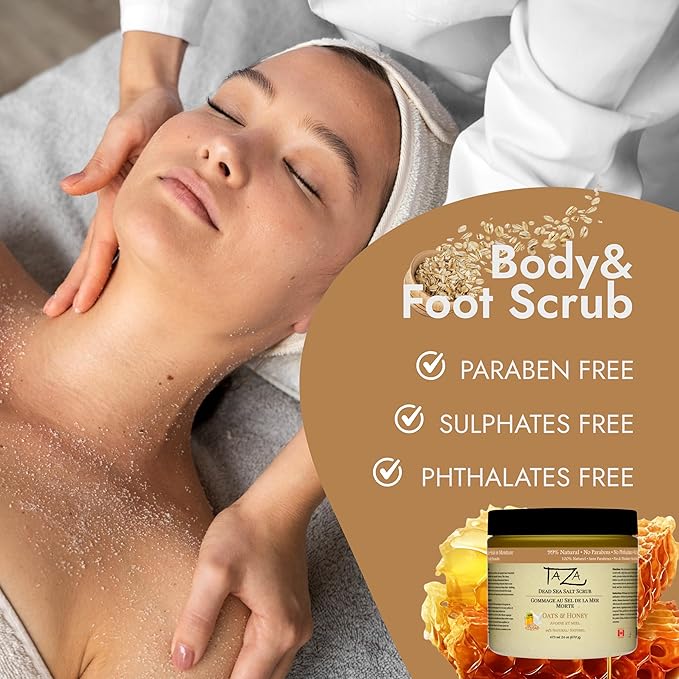 Premium Taza Oats and Honey Dead Sea Salt Scrub, 473 ml 24 oz (670 g) Exfoliates Your Skin Leaving it Soft and Hydrated Contains: Coconut Oil, Shea Butter, Grapeseed Oil, Sweet Almond Oil, 26 Minerals