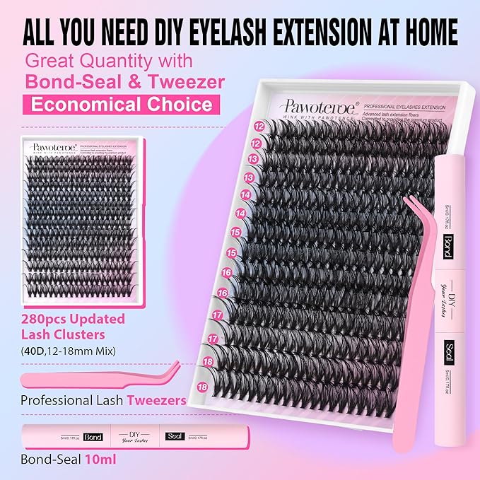 Pawotence Lash Extension Kit DIY 40D 12-18mm Individual Lashes Clusters Kit 280pcs Cluster Eyelash Extensions Kit with Lash Bond and Seal, Tweezers for Self Application (Long 40D, 12-18mm, Kit)
