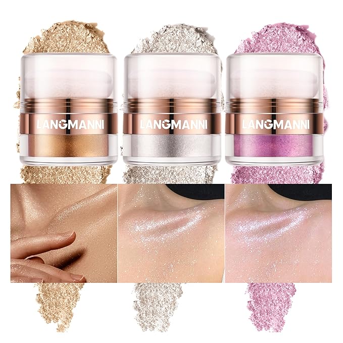AKARY Shimmer Powder Highlighter, Silver Face Body Glow Pearl Illuminator, Intensely Pigmented for High Impact Dewy Finish (01#Silver)