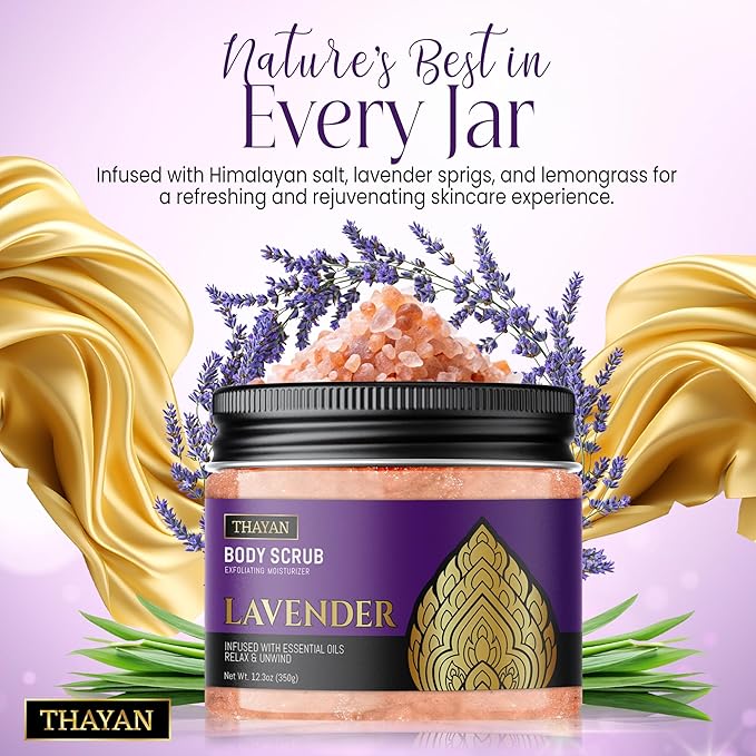 Himalayan Salt Scrub – Exfoliating Face, Foot & Body Scrub with Jojoba, Grapeseed & Essential Oils – Deep Cleansing, Collagen-Boosting, Cellulite Treatment & Skin Toning - Lavender