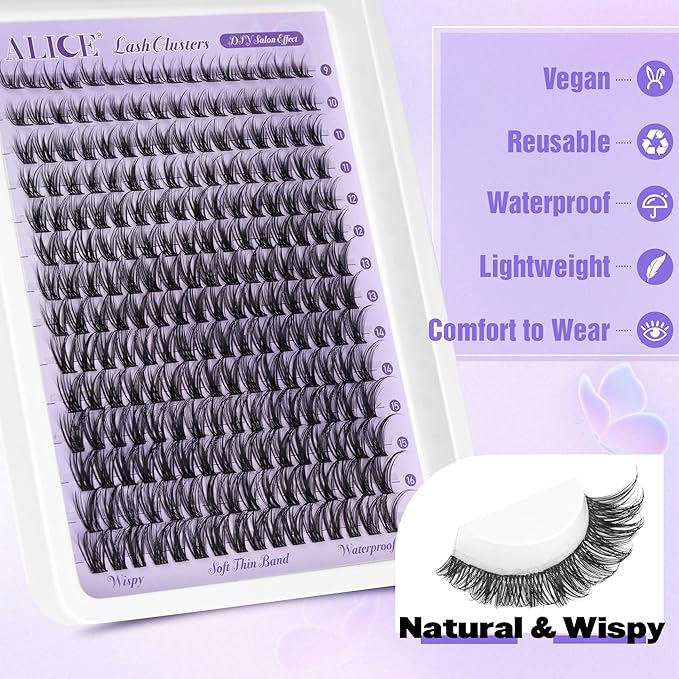 Lash Clusters Natural Wispy Cluster Eyelash Extensions DIY Individual Lashes Lash Extension Waterproof Cluster Lashes 224pcs 9-16mm Soft Thin Band by ALICE