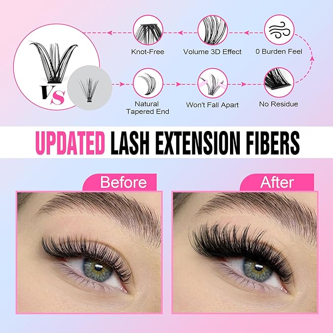 Pawotence Lash Extension Kit DIY 40D 12-18mm Individual Lashes Clusters Kit 280pcs Cluster Eyelash Extensions Kit with Lash Bond and Seal, Tweezers for Self Application (Long 40D, 12-18mm, Kit)