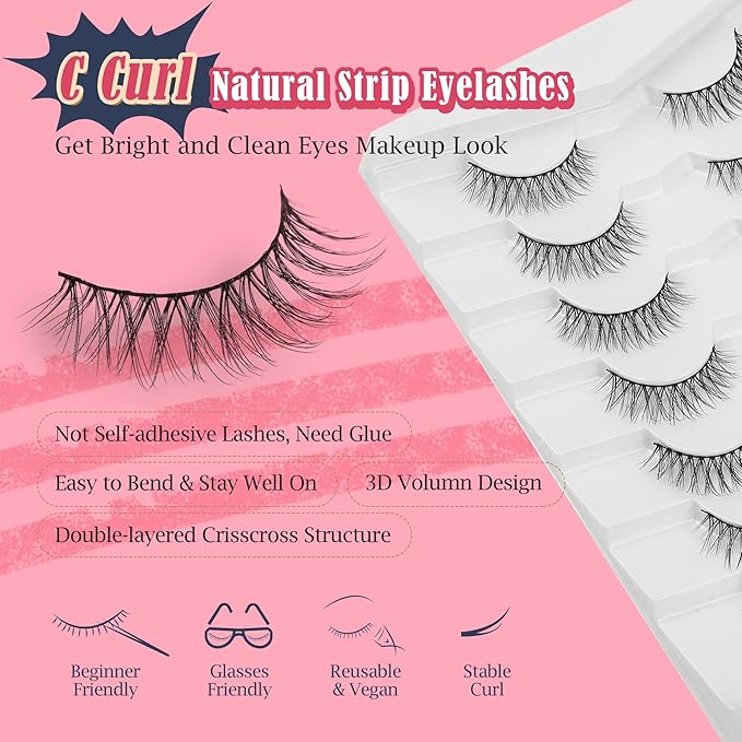 Eyelashes Natural Looking Wispy Lashes 10mm Short Strip Lashes False Eyelashes C Curl Eye Lashes Pack 3D Volume Eyelashes 0.1MM Thin Band Siligli Lashes 7 Pair